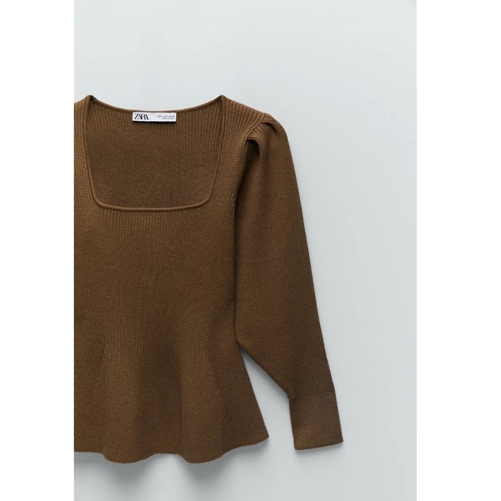 Zara brown square neck knit sweater top size medium fitted bohemian puff sleeve - Picture 10 of 14